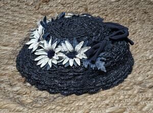 Vintage Cellophane Straw Blue White Floral Hat Lace Formal Church Derby